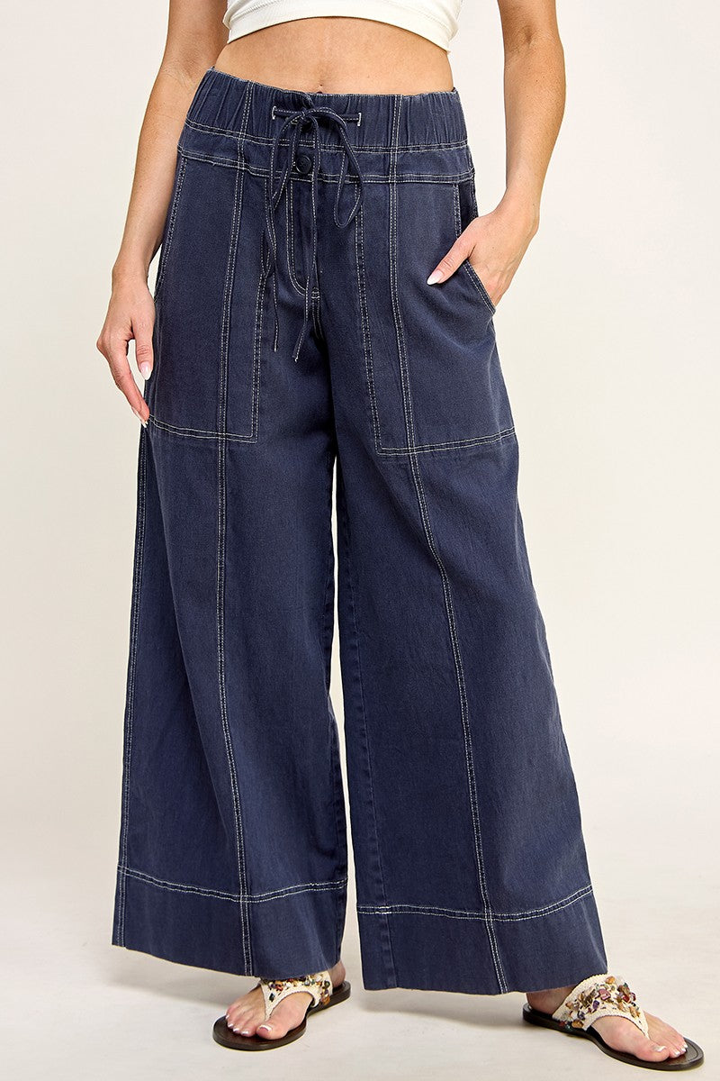 Tie Front White Stitch Wide Leg Jean - Navy Blue, Women's Jean Collection