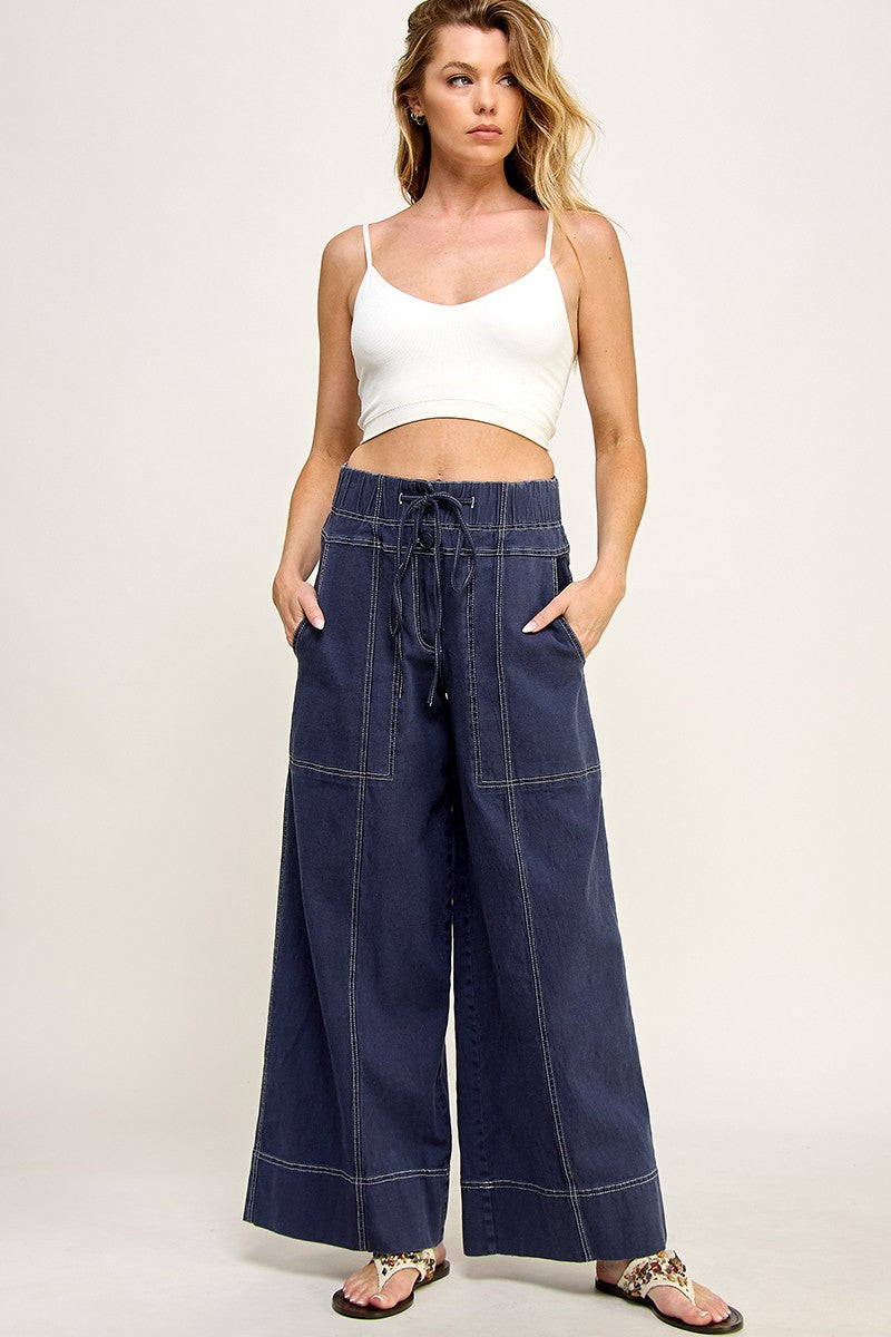 Tie Front White Stitch Wide Leg Jean - Navy Blue, Women's Jean Collection