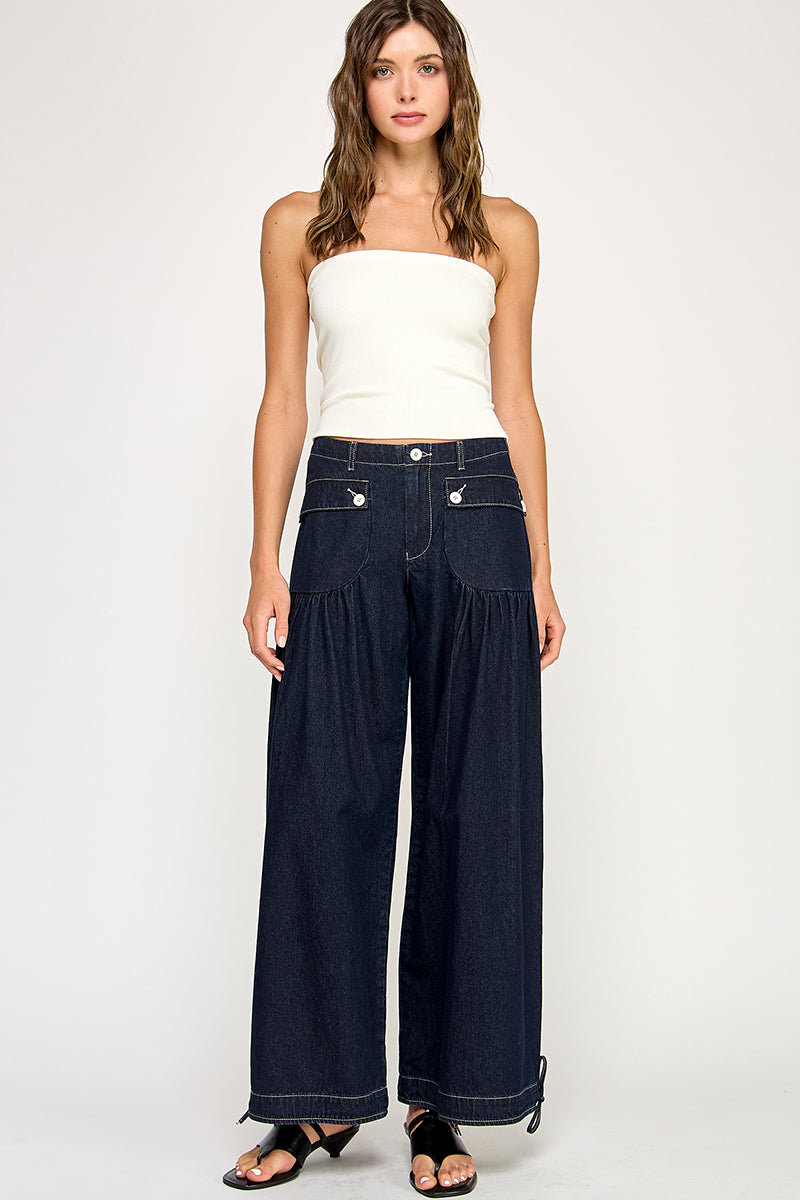 High Rise Gathered Wide Leg Crop Jean - dark denim, womens jean collection