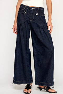 High Rise Gathered Wide Leg Crop Jean - dark denim, womens jean collection