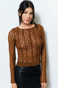 Long Sleeve Lace Top - brown, womens top collection