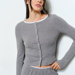 Fitted Top With Collar Detail - grey with white trim, womens top/matching set collection