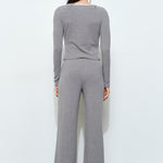 Fitted Top With Collar Detail - grey with white trim, womens top/matching set collection