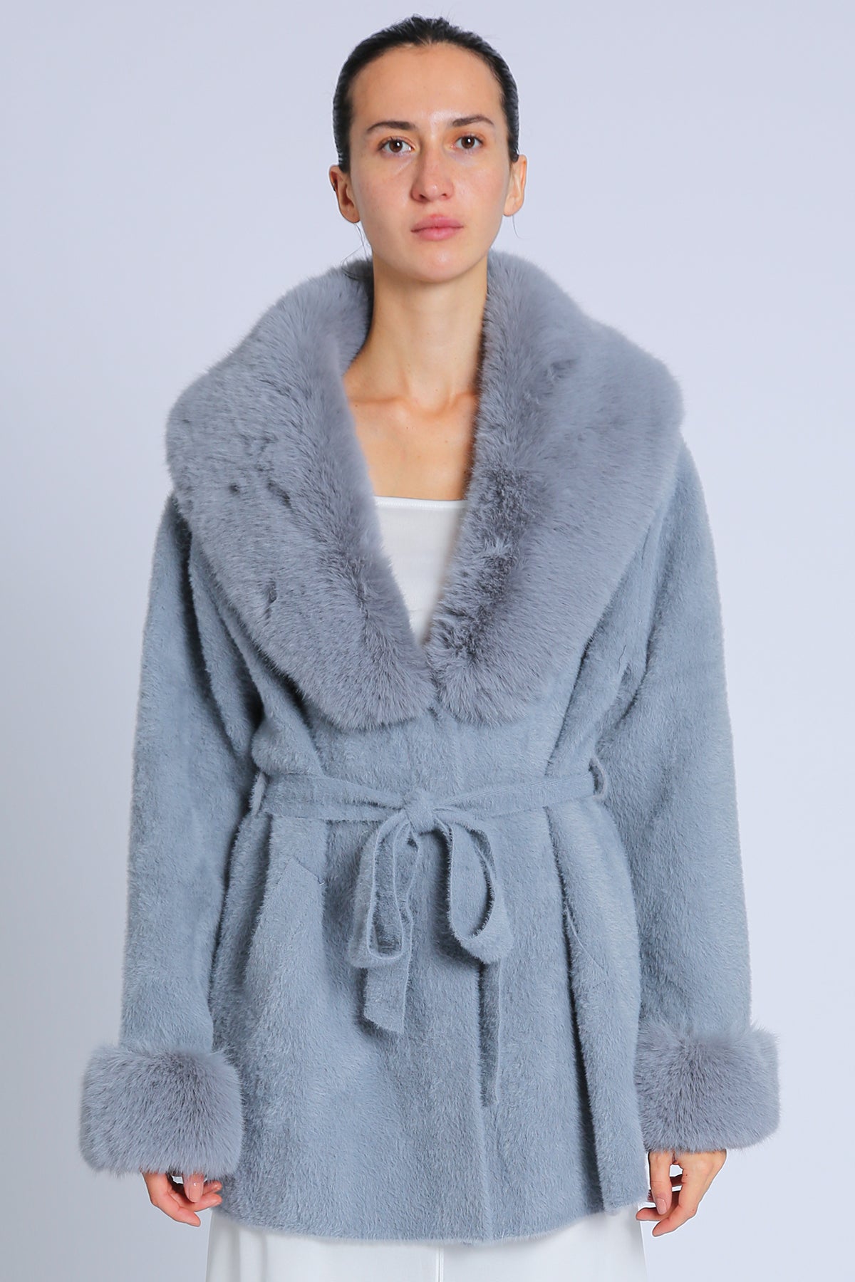 Fur Collar and Sleeve Coat - blue, womens jacket collection
