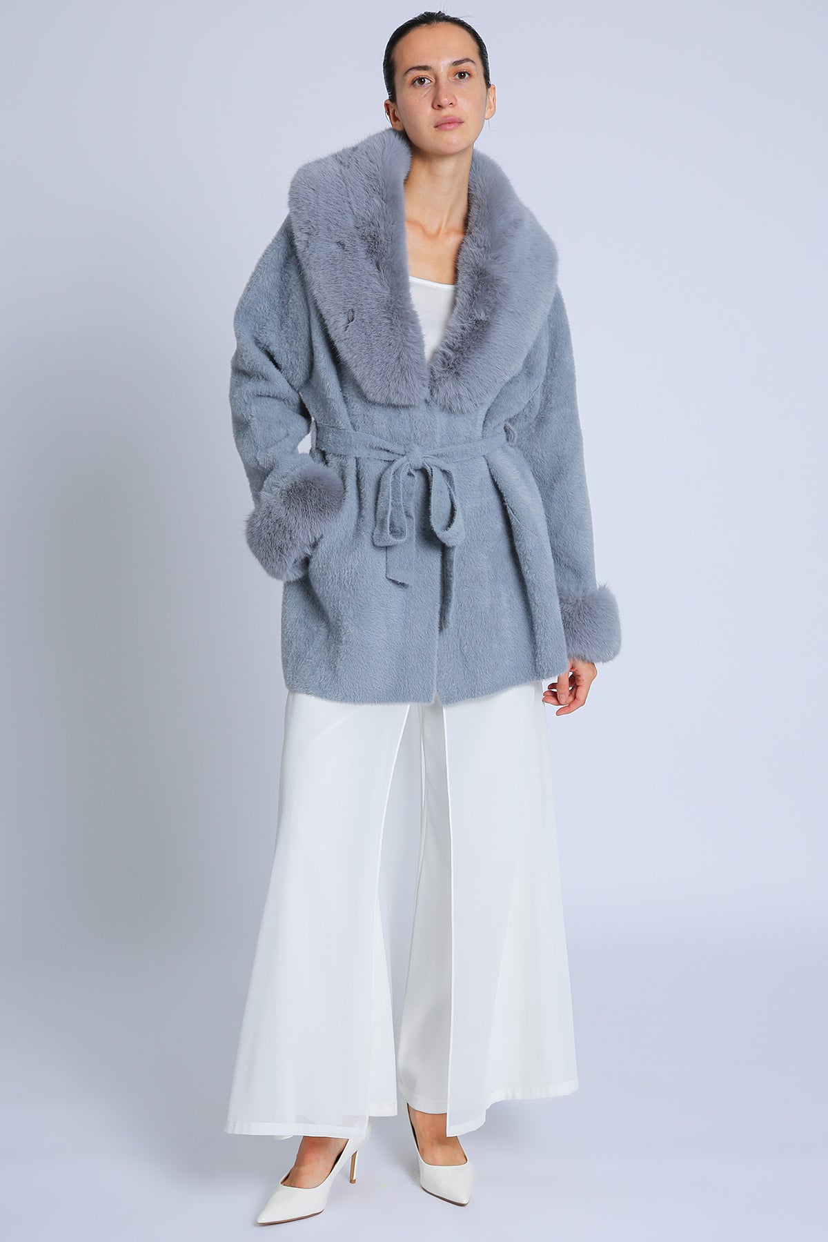 Fur Collar and Sleeve Coat - blue, womens jacket collection