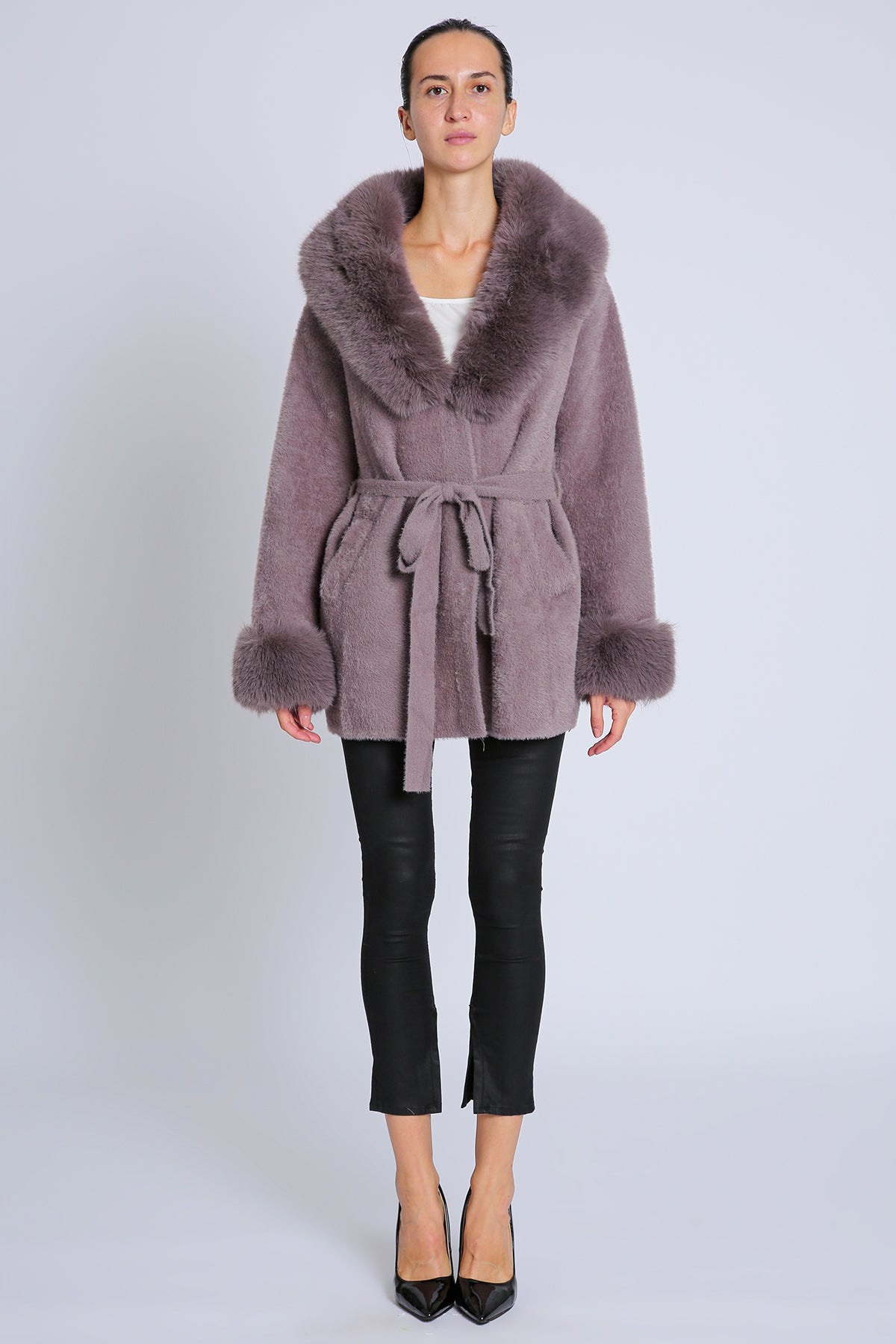 Fur Collar and Sleeve Coat - mauve, womens jacket collection