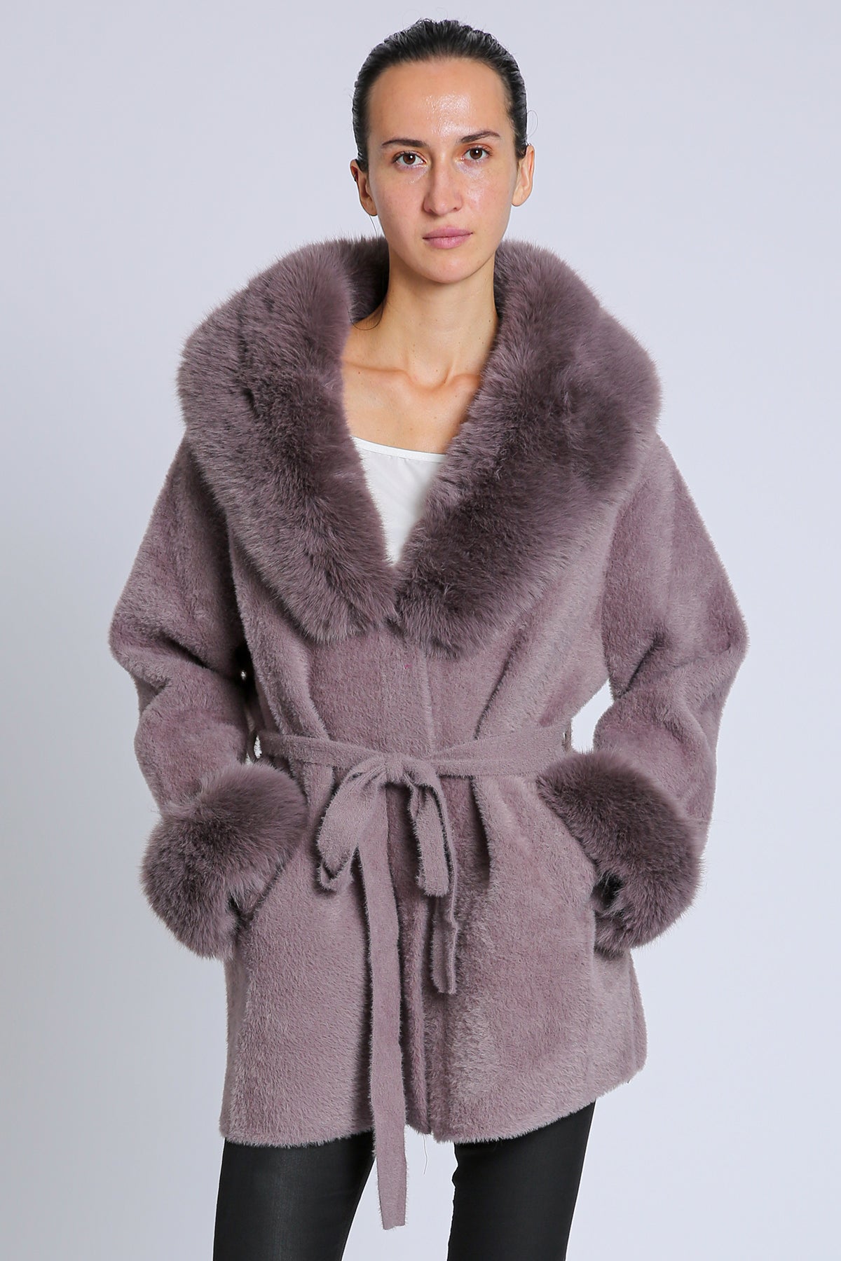 Fur Collar and Sleeve Coat - mauve, womens jacket collection