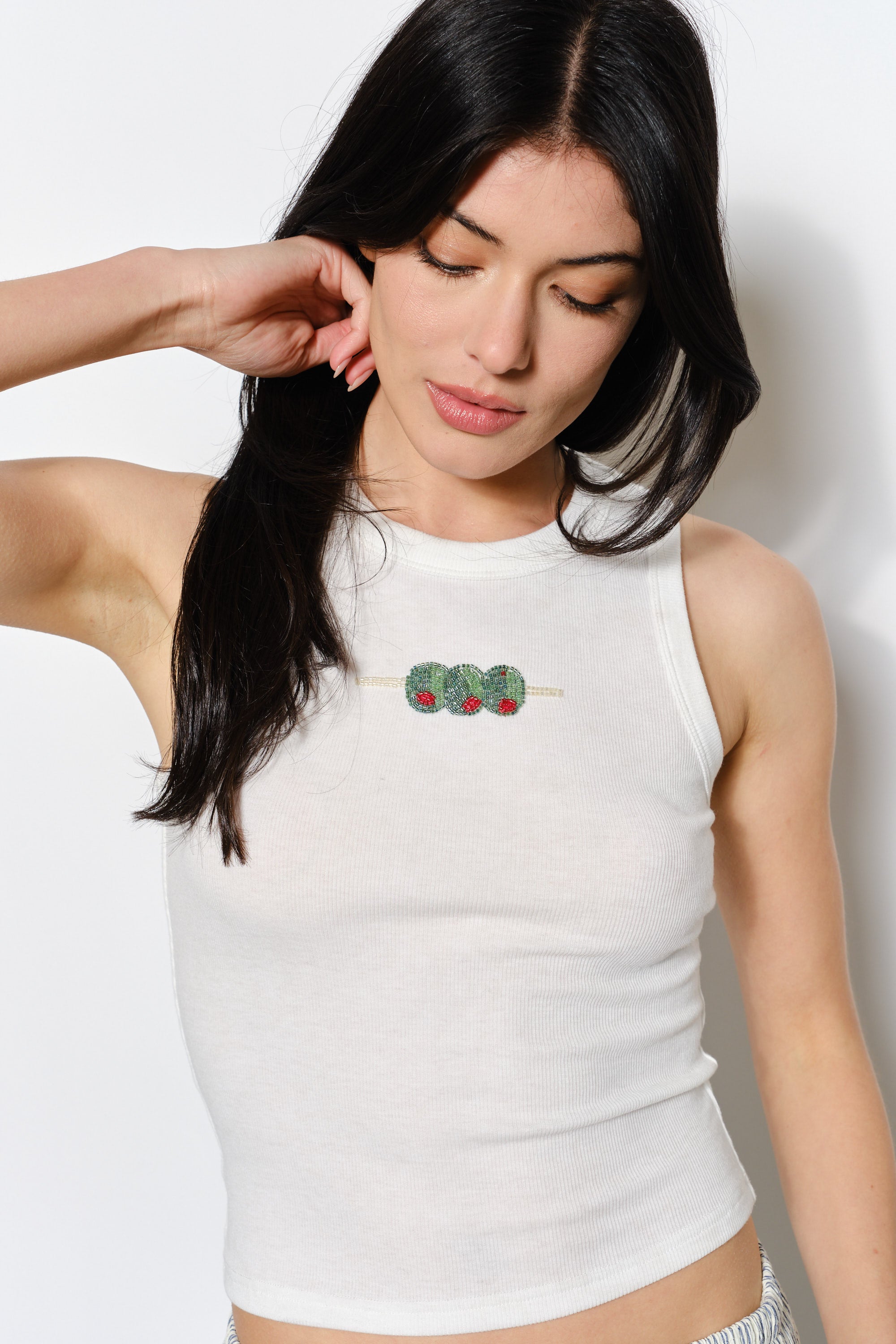 Embroidered Ozzy Olive Bread Tank - off white, womens tank top collection
