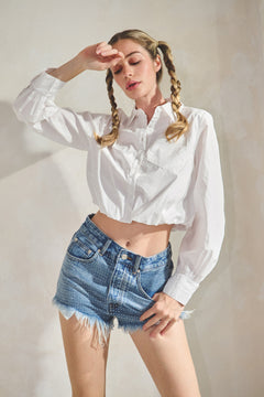 Cropped Button Down Bubble Top - White, Women's Top's Collection