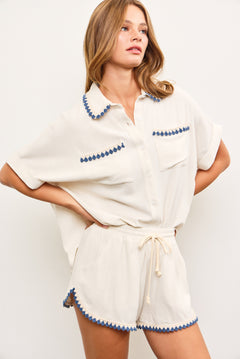 Embroidered Line Button Down Top