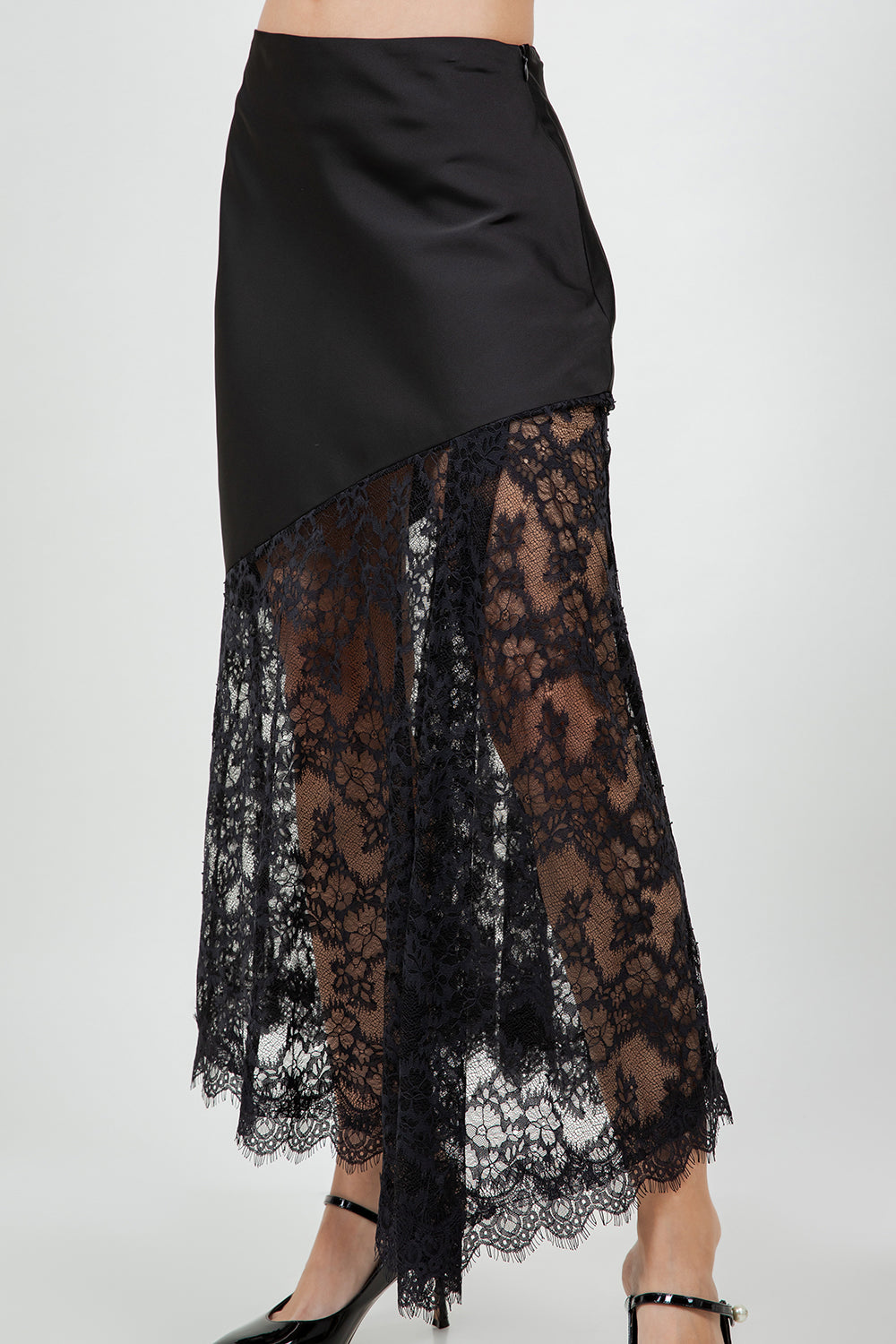 Satin and Lace Midi Skirt - black, womens skirt collection
