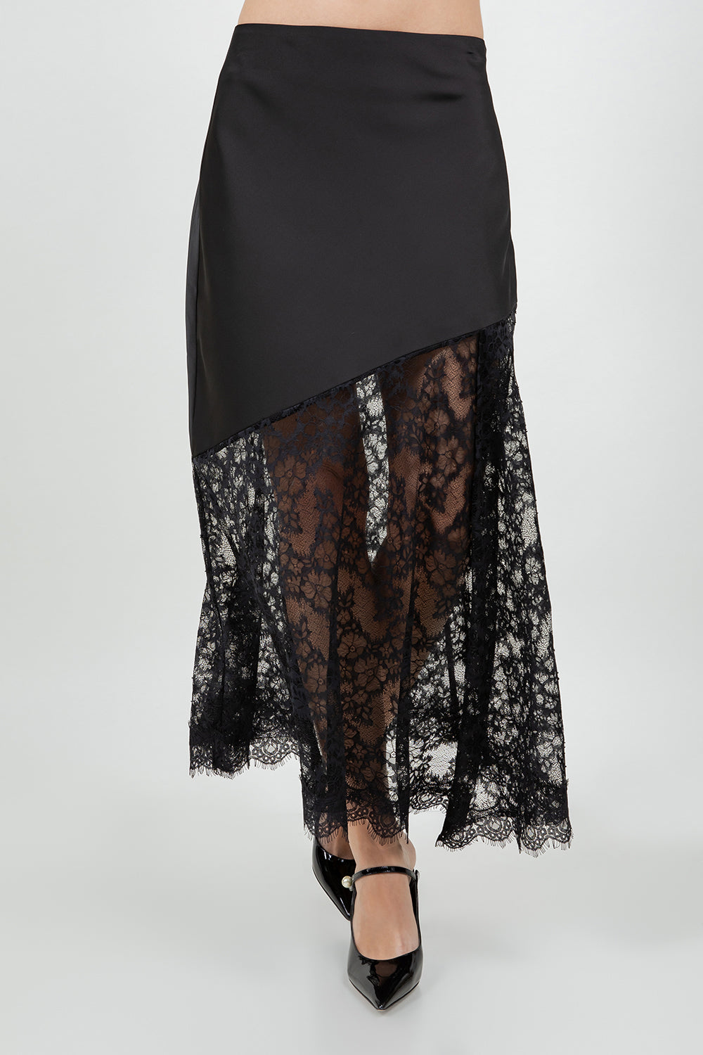 Satin and Lace Midi Skirt - black, womens skirt collection