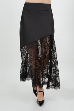 Satin and Lace Midi Skirt - black, womens skirt collection
