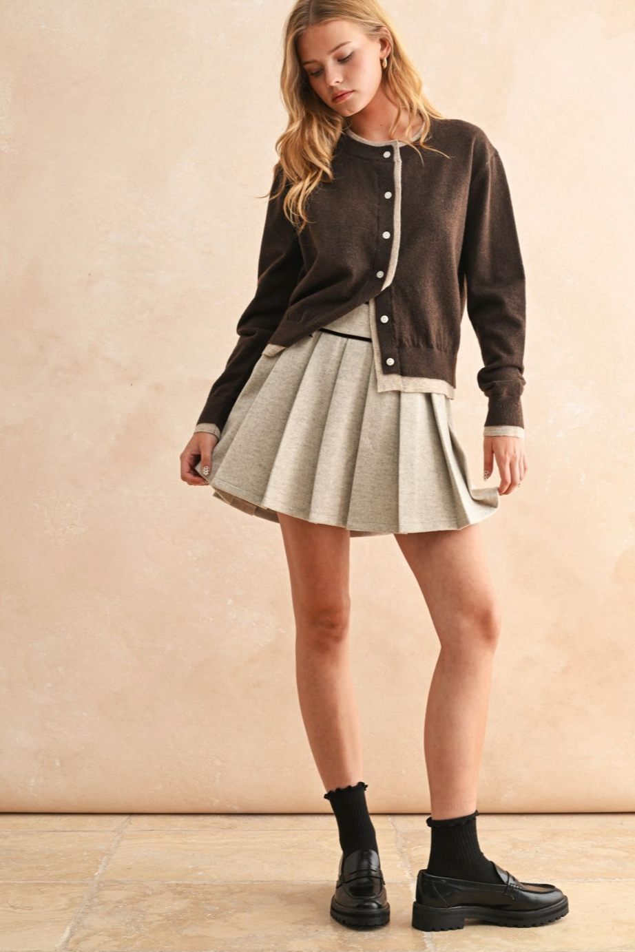 Pleated Mini Skirt With Velvet Trim - stone, womens skirt collection
