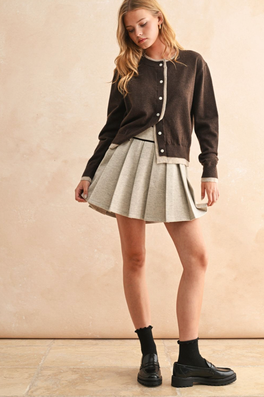 Pleated Mini Skirt With Velvet Trim - stone, womens skirt collection