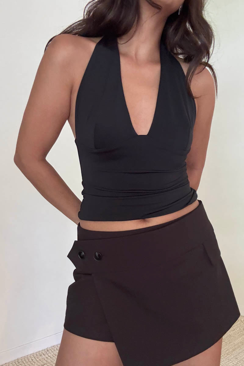 Halter V Neck Open Back Sleeveless Top - black, womens top collection