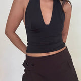 Halter V Neck Open Back Sleeveless Top - black, womens top collection