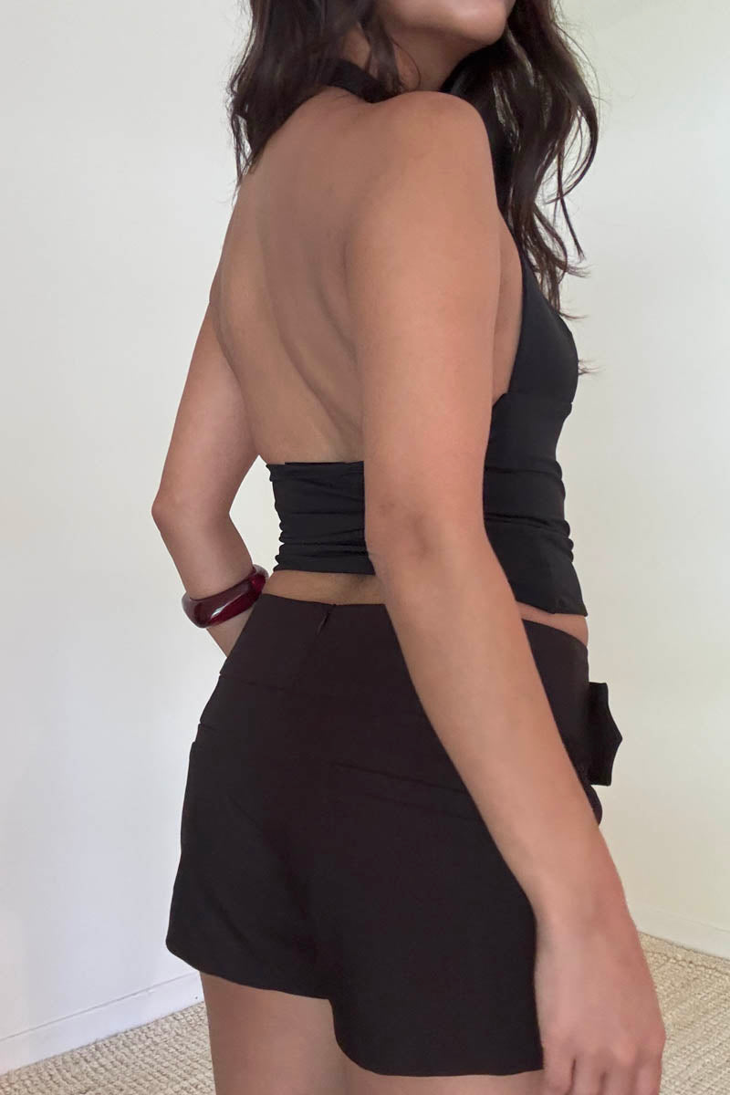 Halter V Neck Open Back Sleeveless Top - black, womens top collection
