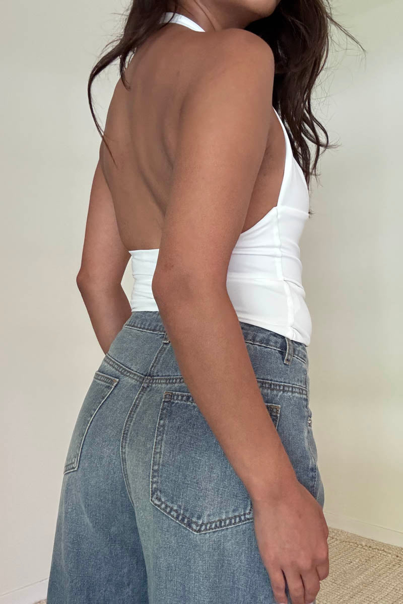 Halter V Neck Open Back Sleeveless Top - white, womens top collection