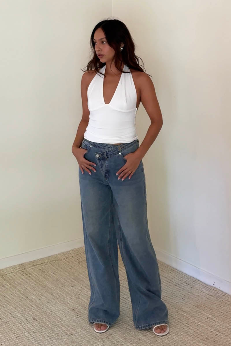 Halter V Neck Open Back Sleeveless Top - white, womens top collection