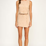 Faux Suede Button Wrap Skort - sand, womens skort/matching set collection