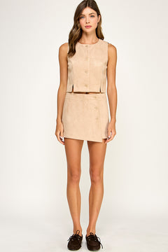 Faux Suede Button Wrap Skort - sand, womens skort/matching set collection