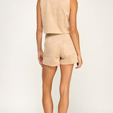 Faux Suede Button Wrap Skort - sand, womens skort/matching set collection