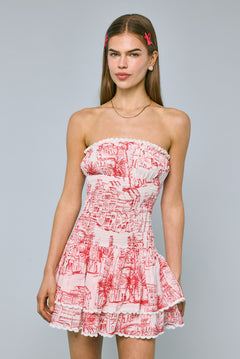 Graphic Smocked Lace Layered Mini Dress