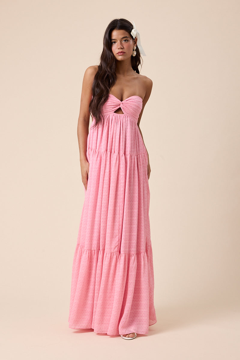 Twisted Ruched Bust Maxi Dress - Pink, open back, womens dresses collection
