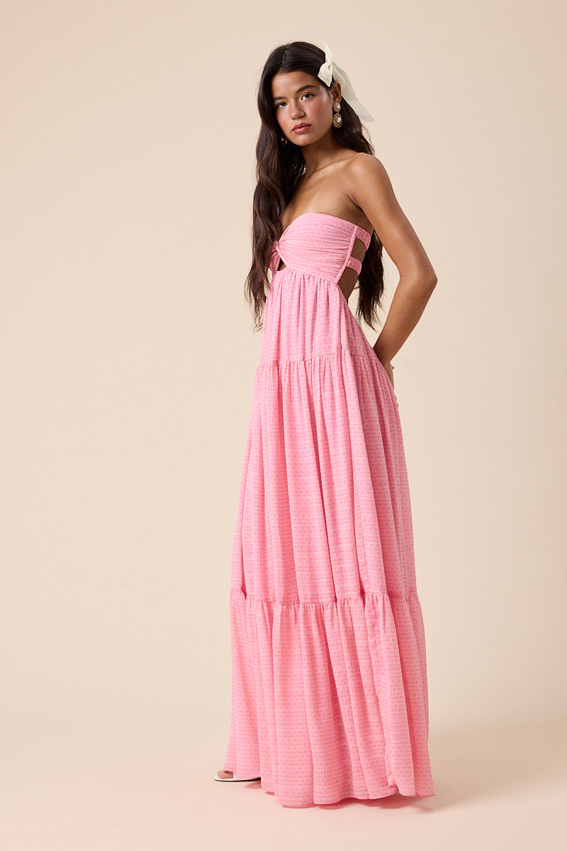 Twisted Ruched Bust Maxi Dress - Pink, open back, womens dresses collection