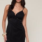 Suede Scallop Cut V Neck Dress - black, womens dress collection