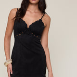 Suede Scallop Cut V Neck Dress - black, womens dress collection