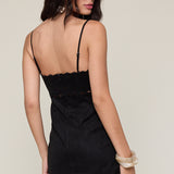 Suede Scallop Cut V Neck Dress - black, womens dress collection