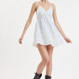 Floral Checker V Neck Lace Trim Mini Dress