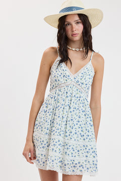 Floral V Neck Lace Trim Dress