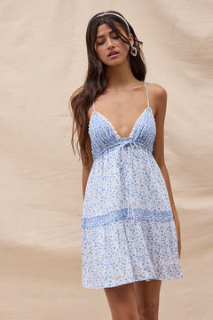 Floral Sweetheart Back Tie Mini Dress - blue multicolor, mini flowers print, plunging v neck spaghetti strap, womens dresses collection
