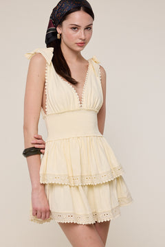 Tie Strap Layered Lace Mini Dress - deep v neck, yellow, womens dresses collection