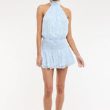 Floral Embossed Waist Tie Backless Mini Dress