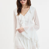 Chiffon Ruffle Point Flare Sleeve Mini Dress