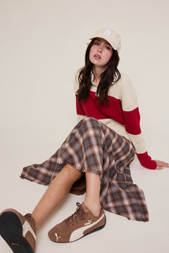 Checker Fringe Trim Down Long Midi Skirt - brown checkered, womens skirt collection
