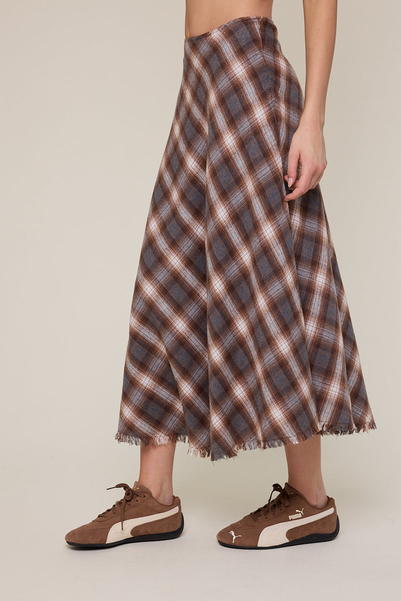 Checker Fringe Trim Down Long Midi Skirt - brown checkered, womens skirt collection