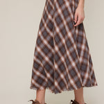 Checker Fringe Trim Down Long Midi Skirt - brown checkered, womens skirt collection