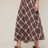 Checker Fringe Trim Down Long Midi Skirt - brown checkered, womens skirt collection