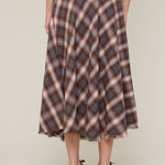 Checker Fringe Trim Down Long Midi Skirt - brown checkered, womens skirt collection
