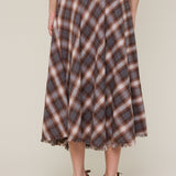 Checker Fringe Trim Down Long Midi Skirt - brown checkered, womens skirt collection