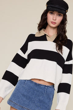 Stripe Collared Sweater - black and white stripe, womens sweater collection