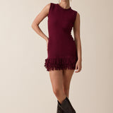 Fringe Point Crew Neck Sweater Dress - cherry, womens mini dress collection