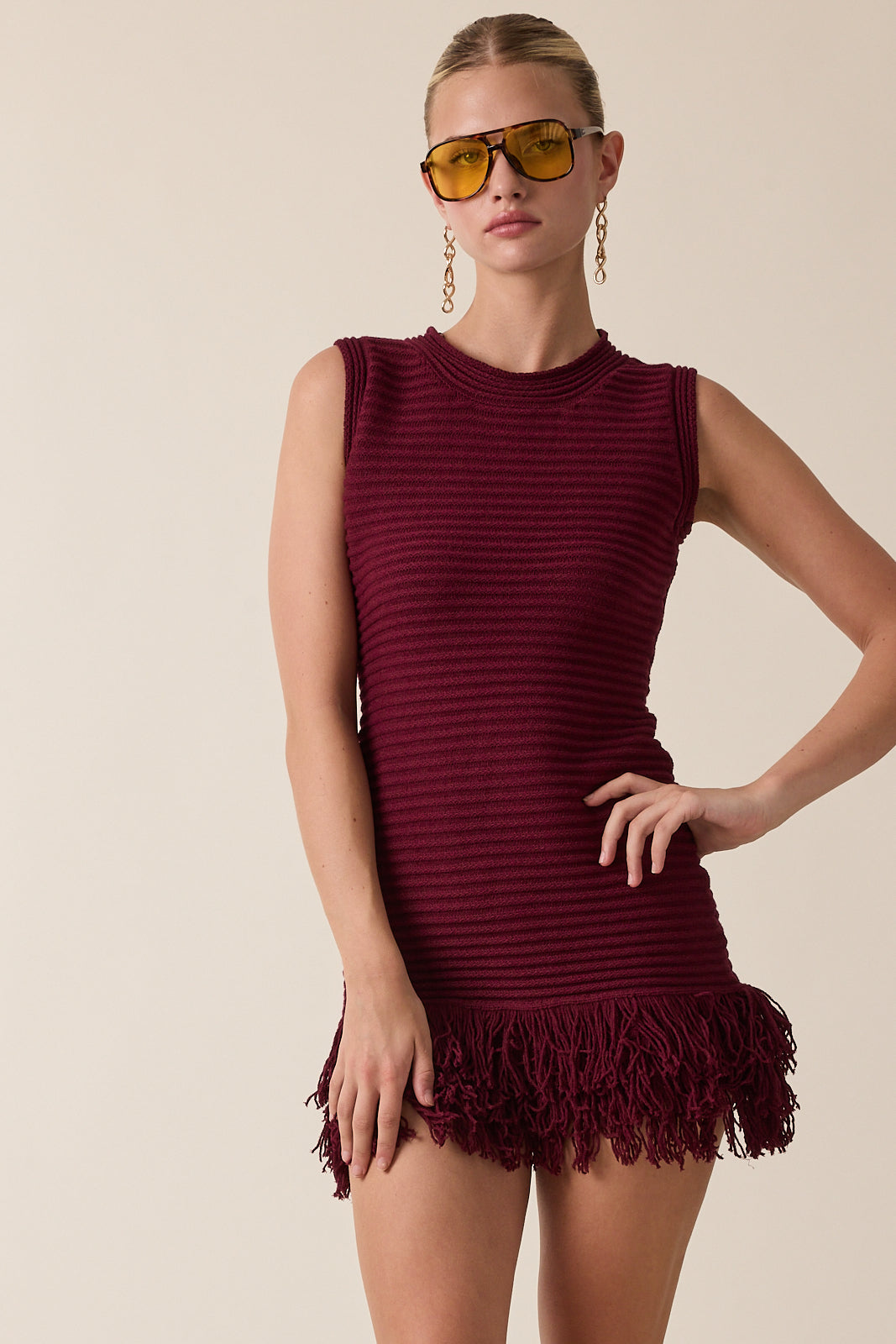 Fringe Point Crew Neck Sweater Dress - cherry, womens mini dress collection