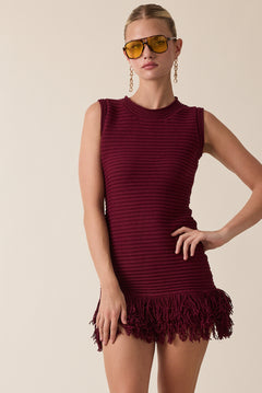 Fringe Point Crew Neck Sweater Dress - cherry, womens mini dress collection