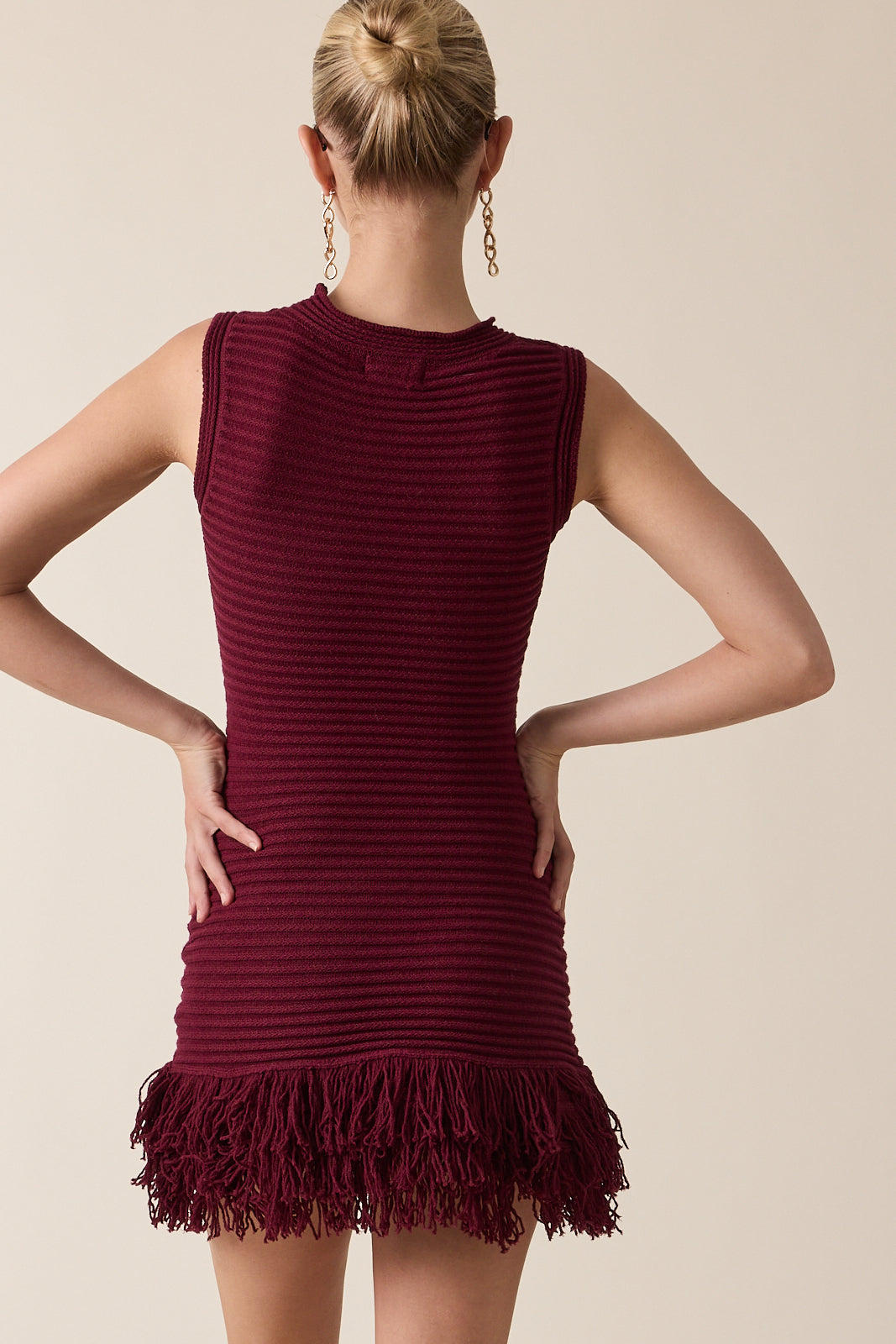 Fringe Point Crew Neck Sweater Dress - cherry, womens mini dress collection